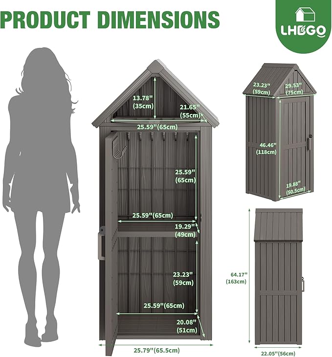 Outdoor Storage Shed with Door & Shelf, Large Capacity Weatherproof Garden Tool Cabinet with Multiple Hooks for Backyard, Patio, Lawn（Gray