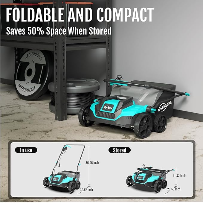 14-Inch Lawn Scarifier and Dethatcher, Powerful 13-Amp Electric Tool with 10.5 Gal Collection Bag, Adjustable Depth Settings & Safety Lock System