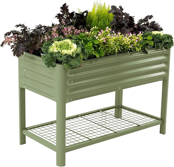Elevated Raised Garden Bed-V Series, 2' x 4' Garden Beds with Legs & Storage Rack for Patio Porch, 700 Lbs Weight Capacity, Outdoor Planter Boxes for Gardening Herbs Vegetables Flowers, Olive Green