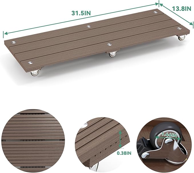 mondaria 2 Pack Plant Caddy with Wheels, 15.7" Wood Plastic Composite Plant Stand, Heavy Duty Square Plant Dolly with Metal 360° Lockable Caster Wheels for Large Plant Pots, Flower Pot ,Dark Brown