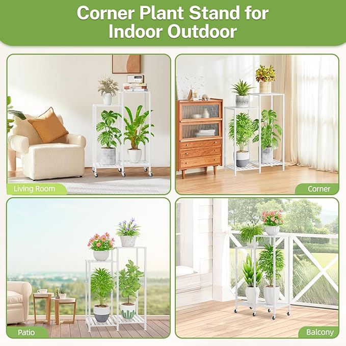 iDavosic.ly 4 Tier Plant Stand Indoor with Wheels, Metal Tiered Corner Flower Holder Shelf Outdoor for Large Pots, Tall Rolling Rack for Patio Porch Garden Balcony Living Room, White