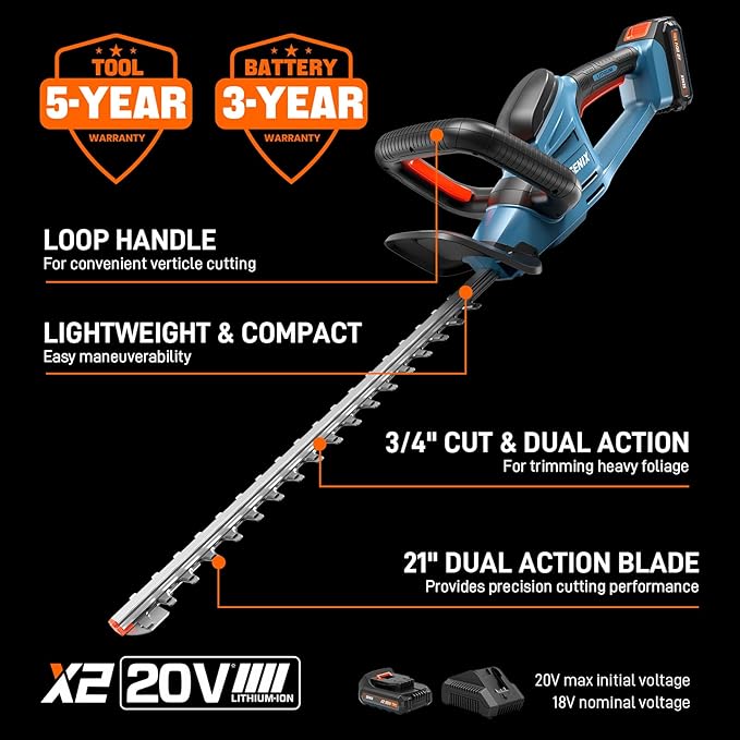 SENIX X2 20 Volt Max* 21-Inch Battery Powered Cordless Hedge Trimmer, Brushless Motor, Double-Sided Dual Action Blades, 3/4" Cutting Capacity, Includes Blade Cover, 2.5 Ah Battery & Charger (HTX2-M)