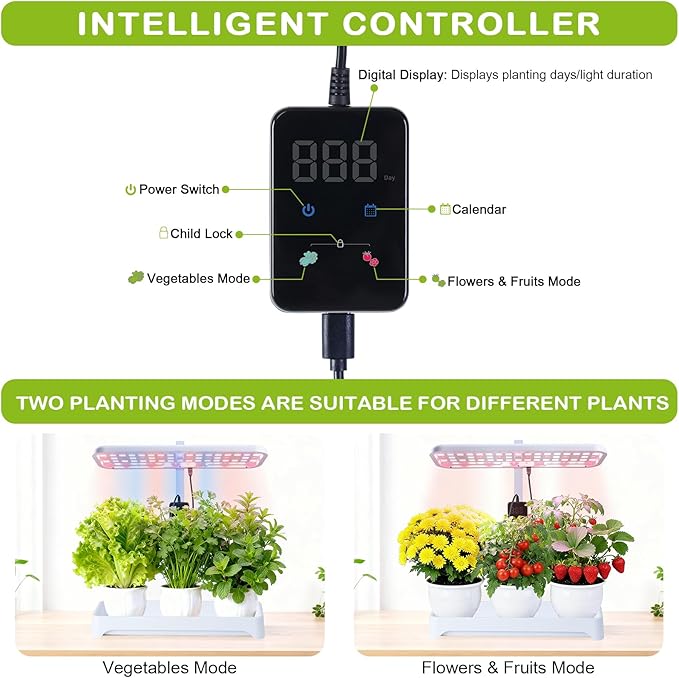 Indoor Garden Led Grow Light, Full Spectrum LED Grow Lamp for Indoor Plants with Intelligent Controller, Height Adjustable, Ideal for Home Desk Plant Lighting (Without Pots)(White, 16.5*6.5*4 inch)