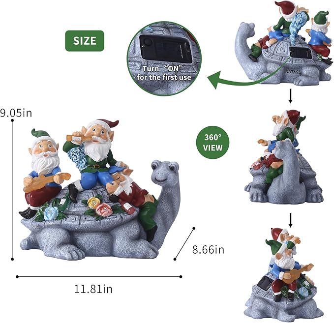 Upgraded Size Christmas Gnomes Outdoor Statue Three Gnomes Having Party on Turtle with 7 LED Solar Figurine for Garden Lawn,Patio,Yard Decor Unique for Grandfather, Father,Grandma,Wen