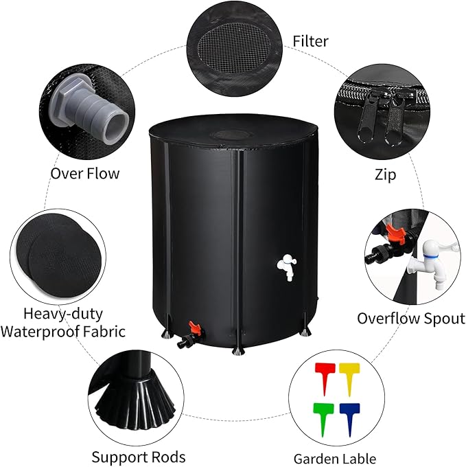 132 Gallon Collapsible Rain Barrel, Folding Water Storage Container, Portable Rain Collection, Water Storage Tank PVC for Garden Water Catcher with Screen Mesh Protector and 3/4 Faucet Black