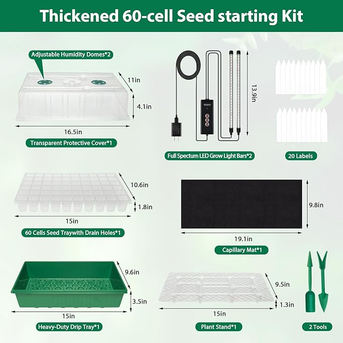 Seed Starter Tray, 60-Cell Self-Watering Seed Starter Kit with Grow Light and 4.07” Humidity Dome, Indoor Plant Starter Trays for Seed Germination & Gardening Supplies