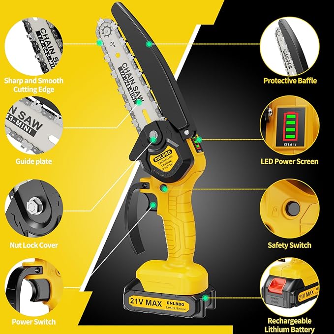 Mini Chainsaw Cordless, 6 inch Electric Chain Saw, With power display for Wood/Tree Cutting, Garden & Household Use Stocking Stuffers Gift for Men Dad Husband(2 Batteries)