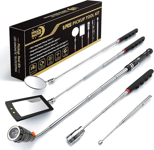 Magnetic Pickup Tool Set with 15lb&1lb Pick Up Rod, Round&Square 360 Swivel Adjustable Inspection Mirror, Telescoping Flexible Flashlight, Christmas Gifts Stocking Stuffers For Men, Dad, Husband
