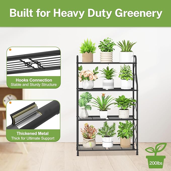 iDavosic.ly 4 Tier Plant Stand Indoor, Metal Tiered Corner Flower Display Holder Shelf Outdoor for Large Pots, Tall Rack for Patio Porch Garden Balcony Living Room, Modern Black