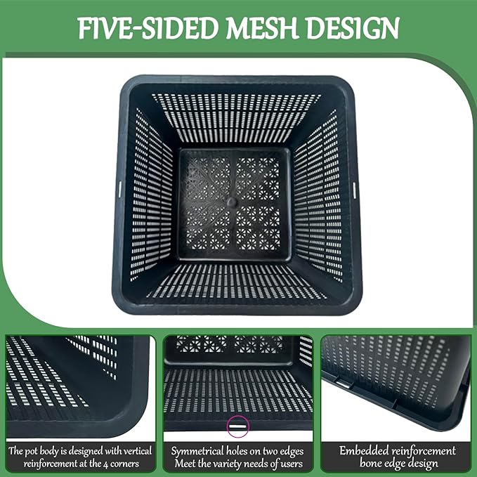 HG9SQBK 9-Inch Square Aquatic Plant Baskets - 8 Pack Durable Black Plastic Mesh Pond Containers for Live Aquarium Plants, Pond Planting & Hydroponic Pots