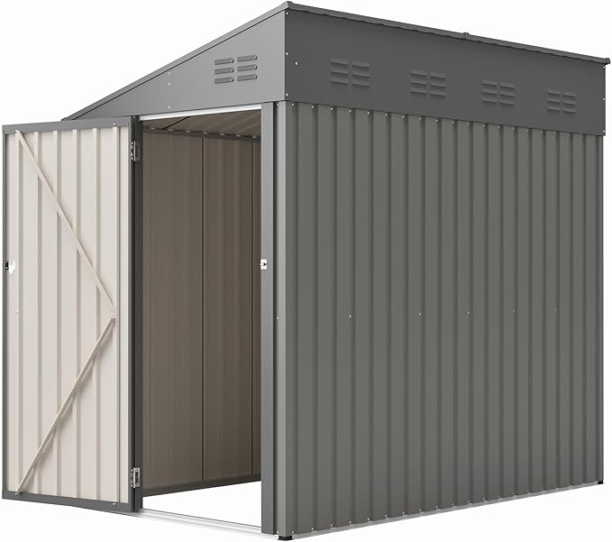 4x7 FT Outdoor Storage Shed,Lean to Lockable Metal Garden Shed Steel with Reinforced Beams,All Weather Waterproof Storage House W/Lockable Door&2 Air Vents,for Backyard,Patio,Lawn,Garden,Gray