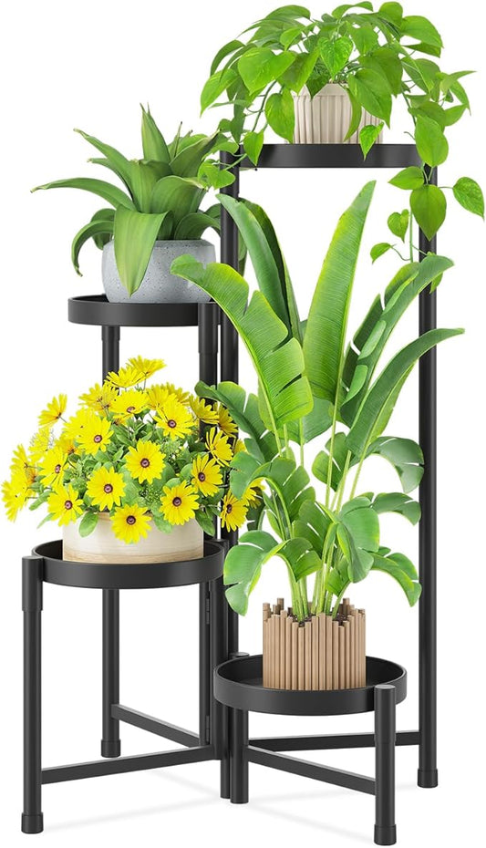 iDavosic.ly Plant Stand Indoor Outdoor, 4 Tier Corner Metal Flower Display Holder Shelf, Easy Assembly Folding Tall Orchid Rack for Patio Balcony Porch Garden Living Room House, Black
