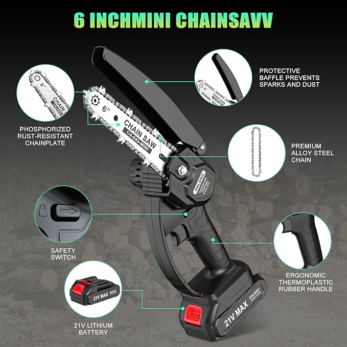Mini Chainsaw Cordless, 6 inch Electric Chain Saw, Gardening Tool Saw for Wood/Tree Cutting, Garden & Household Use Stocking Stuffers Gift for Men Dad Husband(2 Batteries)