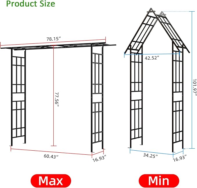 Metal Garden Arch, Assembly Garden Arbor,Adjustable Width W42.52''~W78.15'',Trellis Climbing Plants Support, Rose Outdoor Arch,Wedding Arch Party Events Archway (Black, Adjustable)