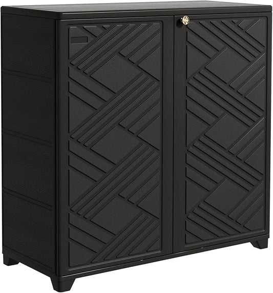 Outdoor/Indoor Storage Box,Resin and Plastic Storage Cabinet Waterproof,Outdoor Cabinet for Patio/Garden/Balcony/Backyard/All Room(with 2 Shelves)-Black