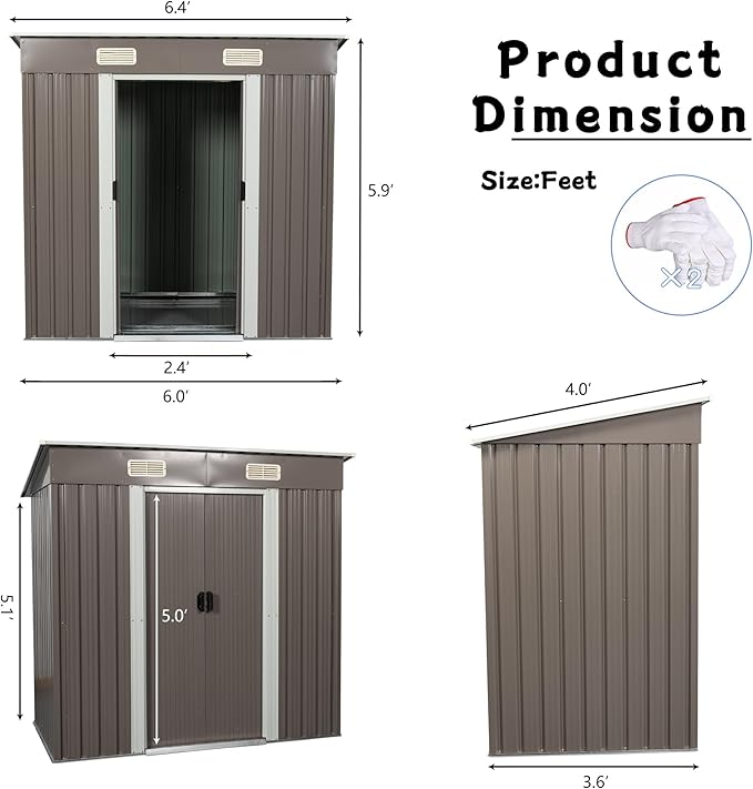 Favfurish 6 x 4 FT Outdoor Storage Shed,Metal Anti-Corrosion Utility Tool House with Punched Vents, w/Sliding Doors & Padlock,Waterproof Garden Sheds for Backyard Lawn Patio,Grey