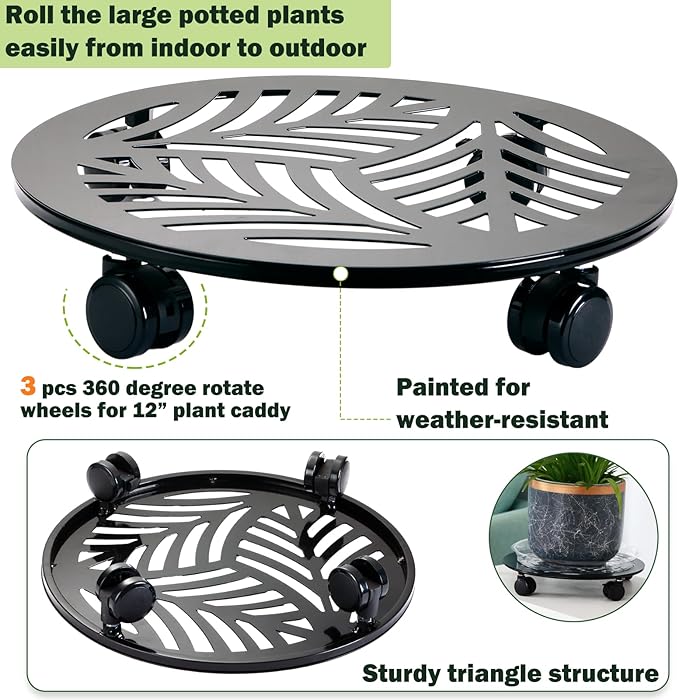 4 Packs Large Metal Plant Caddy with PU Wheels 13" Heav-duty Wroght Iron Rolling Plant Stands Indoor Outdoor Wheeled Plant Dolly Planter Mover Rollers Plant Trolley Cart, Plant Saucers Included