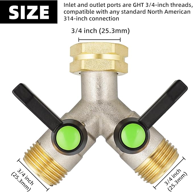 Hose Splitter 2 Way, Brass High Flow Garden Hose Splitter Heavy Duty, Hose Connector, Water Spigot Splitter, Full Flow Faucet Splitters with shutoff, 3/4” GHT Inlet