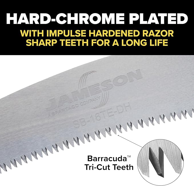 Jameson 16" Tri-Cut Double-Hook Saw Blade - Precision Cutting for Larger Branches, Fits Pole Saw Heads, Hard-Chrome Plated with Impulse Hardened Teeth for Long Life