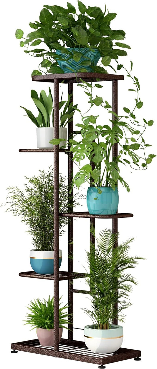 LINZINAR Plant Stand Metal 5 Tier 6 Potted Multiple Flower Pot Holder Shelf Indoor Outdoor Planter Display Shelving Unit for Patio Garden Corner Balcony Living Room (5 Tier 6 Potted, Bronze)