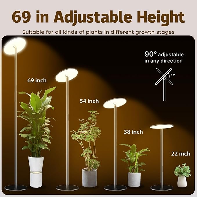 69” Tall Grow Lights for Indoor Plants Full Spectrum, 40W Sunlike Standing Plant Lights for Indoor Growing, 10-Level Dimmable, Adjustable Height for Various Plant Sizes