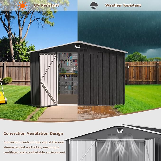 10x8 FT Outdoor Storage Shed, Metal Garden Shed - Tool Storage Sheds with Lockable Doors & 1 Vented Clear Window, Waterproof Outside Storage Building for Backyard, Patio (Black; Floor Not Included)