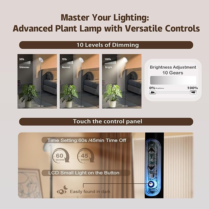 69” Tall Grow Lights for Indoor Plants Full Spectrum, 40W Sunlike Standing Plant Lights for Indoor Growing, 10-Level Dimmable, Adjustable Height for Various Plant Sizes