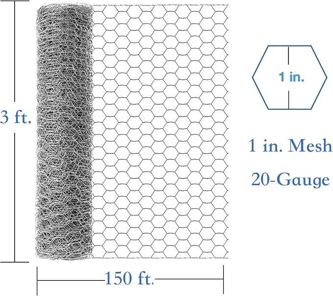 20-Gauge Galvanized Hexagonal Poultry Netting Chicken Wire Rolled Fencing with Mesh Size 1-in (3 ft. x 150 ft.)