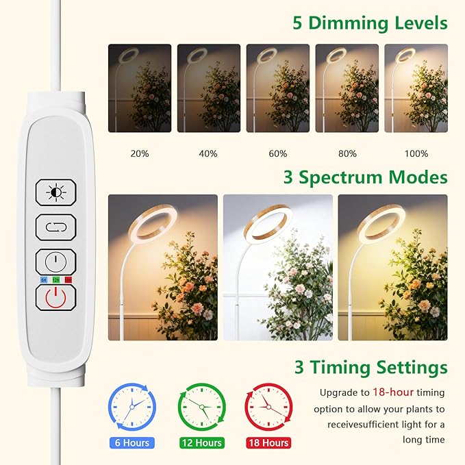 Full Spectrum Grow Light with Stand for Indoor Plants, Floor Plant Light, 6/12/18H Timer, 3 Color Modes, Adjustable Height 16.5–68in, for Large Plants & Home Décor(1 Head,Faux Wood Grain)
