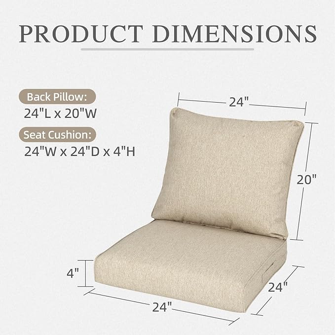 Aoodor 24" x 24" Patio Deep Seat Cushion Set, Water Resistant & Fade Resistant Outdoor Furniture Cushions with Adjustable Straps for Patio, Deck, Garden, Set of 2, Brown