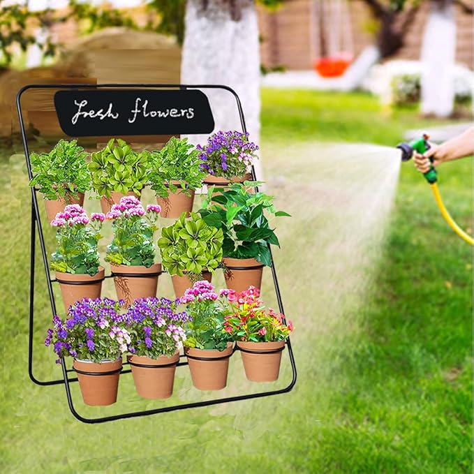 Flower Display Stand with Blackboard & 12 pcs Buckets , 3 Layers Metal Flower Cart, Plant Holder Rack for Indoor, Outdoor Patio Garden, Living Room, Florist, Ideal for Flower Shops