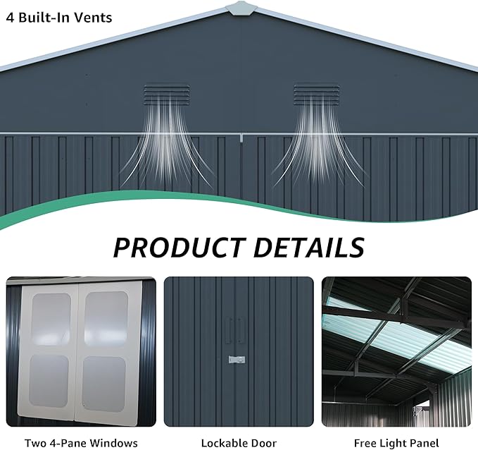 13x20 FT Outdoor Storage Shed, Large Metal Garage Sheds with Two Windows and Two Translucent Panels,Tool House w/Free Light Panet & Sloped Roof,for Car,Truck,Bike,Lawnmower,Tool,Dark Gray