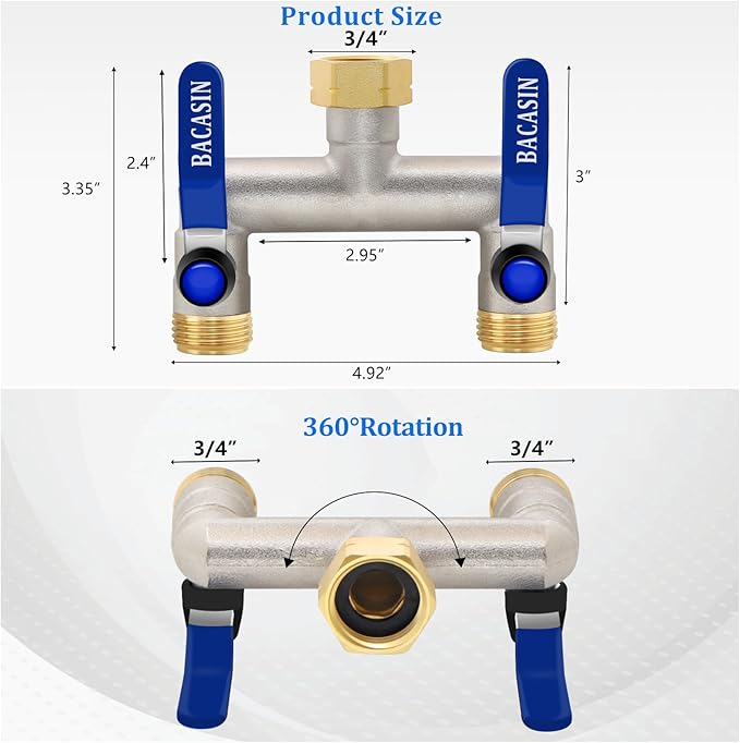 Brass Garden Hose Splitter 2-Way Heavy Duty - 3/4" GHT Threads with 2×304 Stainless Steel Handles, High Flow Design for Efficient Water Distribution