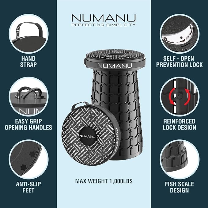 NUMANU 2025 Upgraded XXL Collapsible Stool with Cushion & Bag, 1000lbs Max Weight, 19.7" Heavy Duty Portable Retractable Telescoping Folding Seat Chair or Travel Footrest