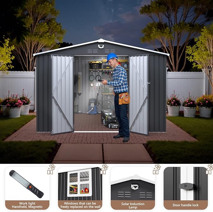10x12 FT Outdoor Storage Shed, Metal Sheds & Outdoor Storage, Waterproof Sheds with Lockable Doors for Backyard