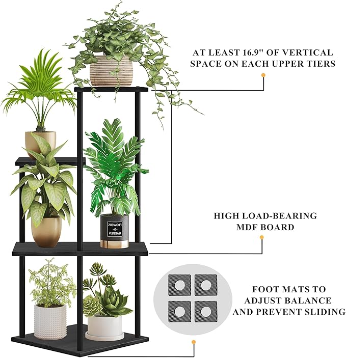Plant Stand Indoor, 4-Tier Modern Plant Shelf for Multiple Plants, Wood Metal Flower Holder for Living Room Balcony Bedroom, Black