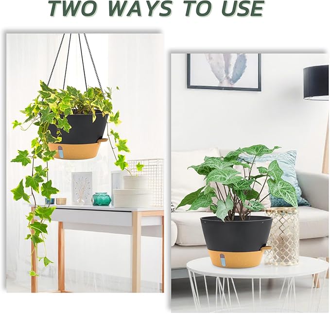 ZMTECH 12 Inch Large Hanging Planters for Outdoor Plants, Self Watering Hanging Planter with Visual Reservoir, Hanging Baskets for Plants Indoor with Drainage Hole and Plant Hanger(1 Pack, Gray)