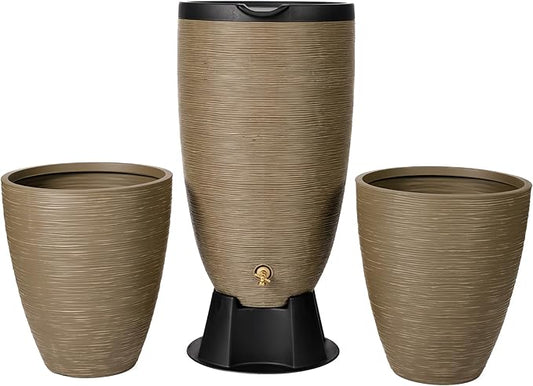 Newport 50‑Gallon Flat‑Back Rain Barrel with Stand & Planter Bundle – Sandstone | Removable Lid, UV-Stabilized Outdoor Water Storage