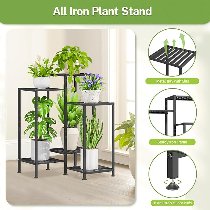 iDavosic.ly Indoor Plant Stand with Grow Light, Metal 6 Tier Corner Flower Holder Shelf Outdoor for Large Pots, Tall Rack for Patio Porch Balcony Living Room, Black
