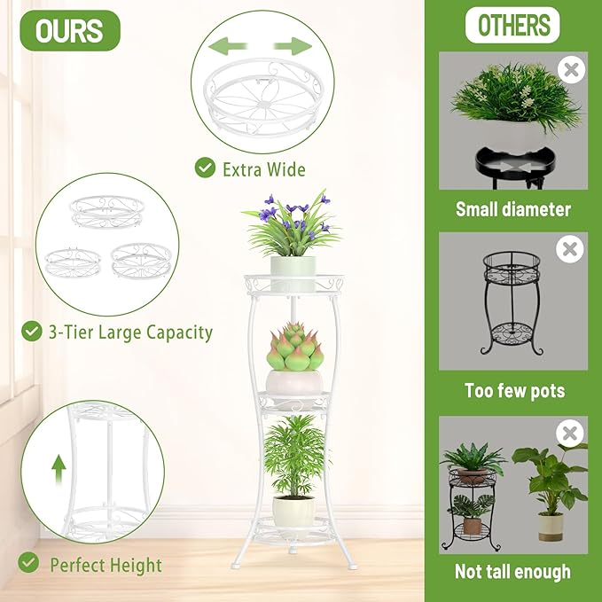 iDavosic.ly 3 Tier Tall Metal Plant Stand Indoor Outdoor, Wrought Iron Corner Flower Pot Holder Shelf, 34 Inch Vertical Display Rack for Patio Porch Living Room Garden, White