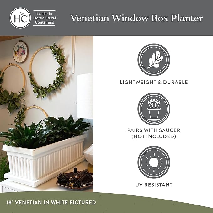 The HC Companies Venetian Window Planter Box w/Drain Plug - Long Planter Box for Windowsills, Balconies & More - Plastic Rectangular Outdoor Planters for Herbs & Flowers (18" Chocolate, Pack of 1)