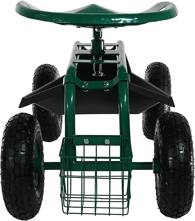 Sunnydaze Rolling Garden Cart with Seat - Garden Stool with Wheels and Adjustable 360-Degree Swivel Seat - Utility Tool Tray and Storage Basket - Green