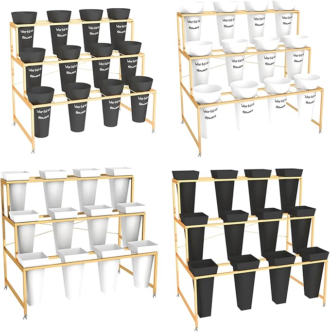 Flower Display Stand With 12PCS Buckets, 3 Layers Metal Plant Stand with Wheels, Heavy Duty Moving Plant Cart Shelf, for Indoor, Outdoor Patio Garden, Living Room, Florist (Black - Round Bucket)
