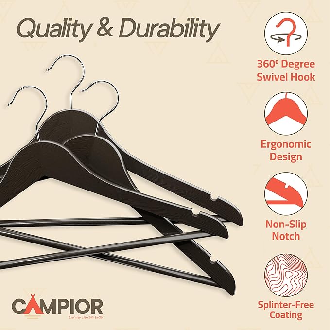 Vintage Wooden Hangers 50 Pack – Heavy-Duty with 360° Swivel Hook, Non-Slip, Pants Bar & Shoulder Grooves - Wooden Hangers for Suits, Jackets, Dresses & Camisoles, Space-Saving and Smooth Finish