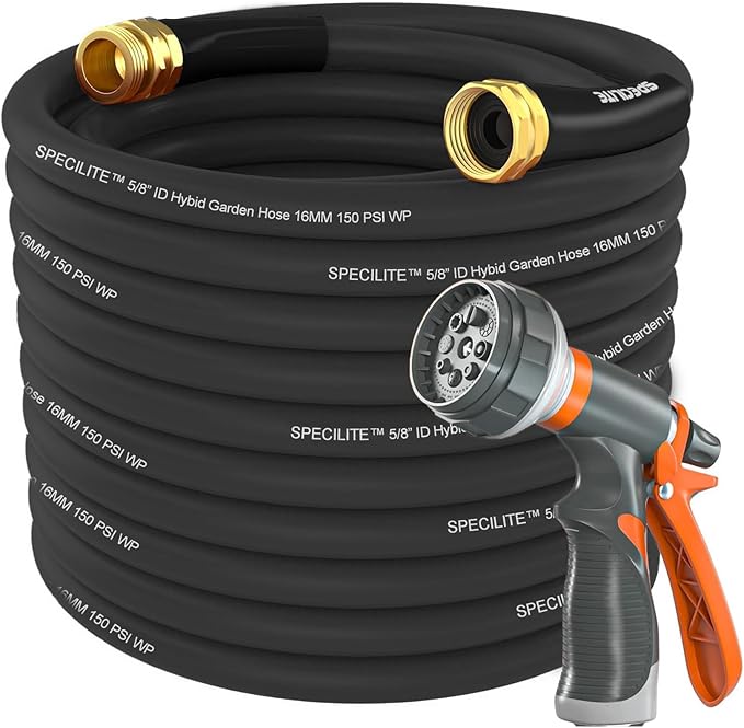 SPECILITE Garden Water Hose 50 ft x 5/8 in Heavy Duty, Flexible and Lightweight, Burst 600 psi, Kink-less Hybrid Rubber Pipe for Backyard, 3/4'' Brass Fittings, Black