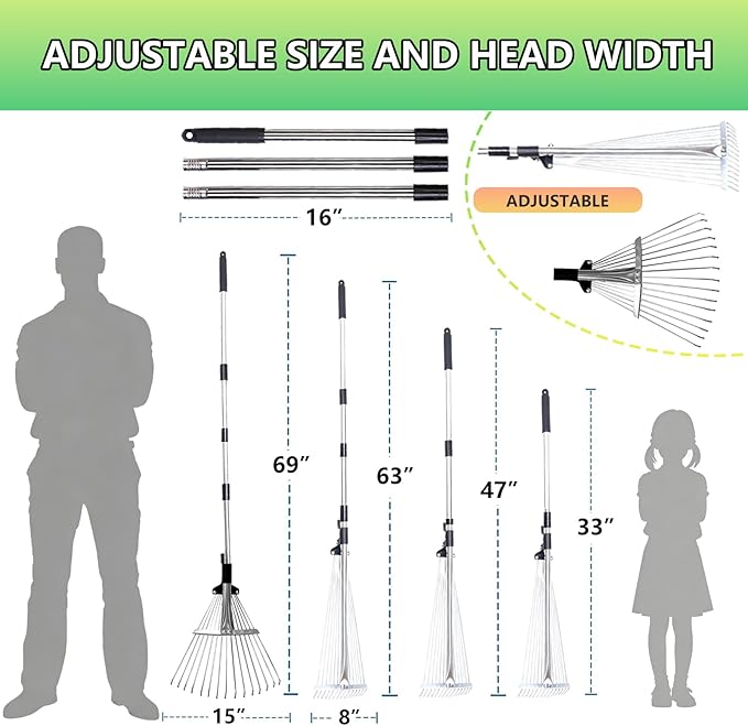 Rake for Leaves, Adjustable Small Leaf Rakes for Lawns, 53 Gallon Reusable Yard Waste Bags with Reinforced Carry Handles, Metal Leaf Rake for Yard, Gardening Outdoor Camping Grass Weed