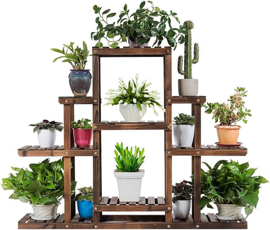 Giantex Flower Rack Wood Plant Stand Wood Shelves Bonsai Display Shelf Indoor Outdoor Yard Garden Patio Multifunctional Storage Rack Bookshelf W/Hollow-Out Rack (47.5”Lx 10’’Wx 38’’H (6 Tier))