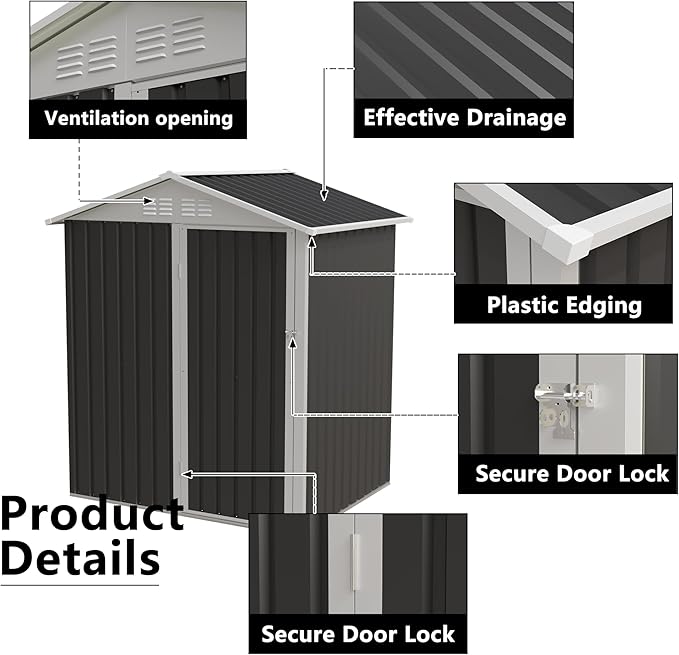 5.4x4.27 FT Outdoor Storage Shed, Metal Garden Tool Shed with Sloping Roof and Lockable Doors for Backyard Garden Patio Lawn, Grey