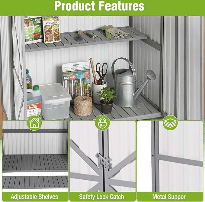 Outdoor Storage Shed with Metal and Wood Frame, Resin Garden Sheds with Removable Shelves and Floor, Weatherproof Plastic Roof Outdoor Trash Can Shed, Horizontal Storage Cabinet for Patio(White)