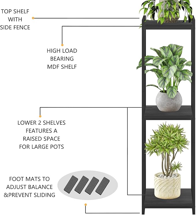 3-Tier Plant Stand Indoor, 45" Tall Modern Plant Shelf Corner Flower Pot Holder Organizer for Living Room Balcony Garden, Black